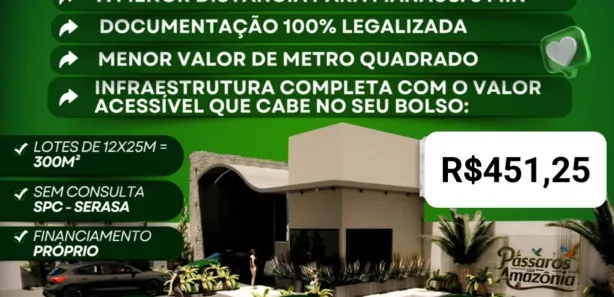 Lote/Terreno à venda, 300m² no , Iranduba