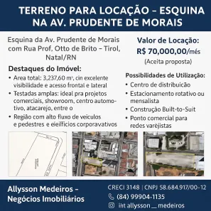 Lote/Terreno para alugar, 3237m² no Lagoa Nova, Natal