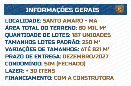 Lote/Terreno à venda, 250m² no , Santo Amaro do Maranhão