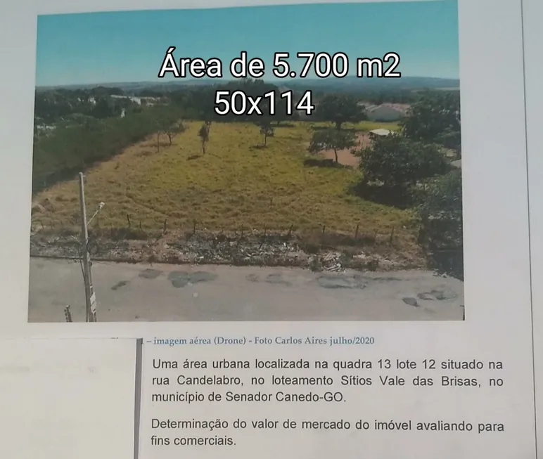 Foto 1 de Lote/Terreno à venda, 5700m² em Sitios Vale das Brisas, Senador Canedo