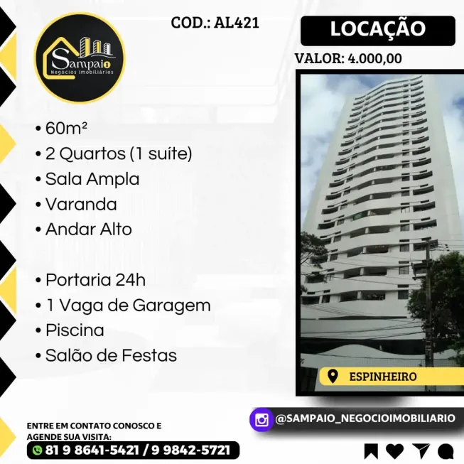 Foto 1 de Apartamento com 2 Quartos para alugar, 60m² em Espinheiro, Recife
