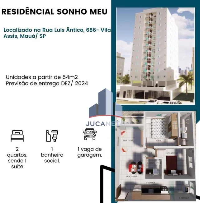 Foto 1 de Apartamento com 2 Quartos à venda, 54m² em Jardim Anchieta, Mauá