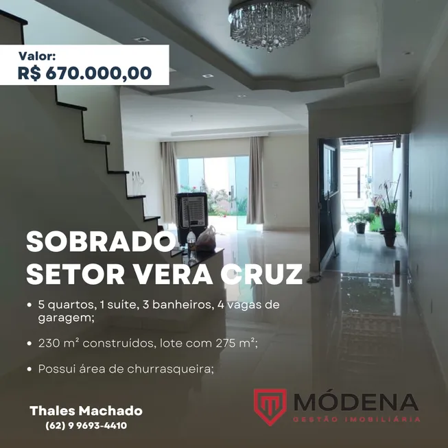 Foto 1 de Sobrado com 5 Quartos à venda, 230m² em Conjunto Vera Cruz, Goiânia