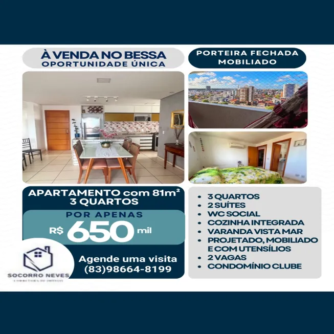 Foto 1 de Apartamento com 3 Quartos à venda, 81m² em Bessa, João Pessoa