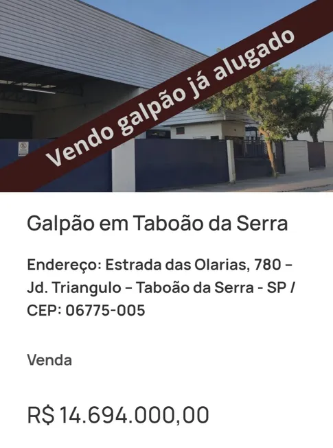 Foto 1 de Galpão/Depósito/Armazém à venda, 3671m² em Parque Industrial Taboao da Serra, Taboão da Serra