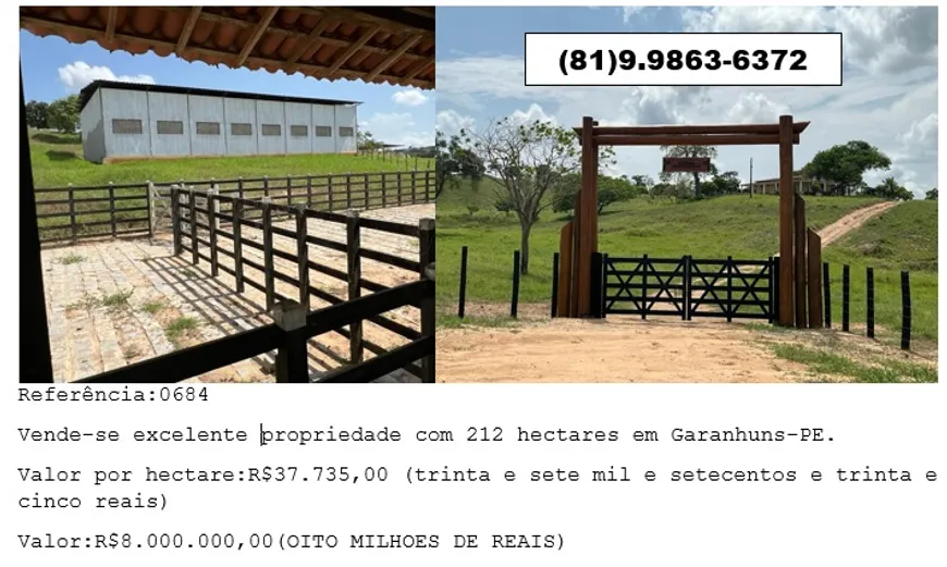 Foto 1 de Fazenda/Sítio à venda, 212000m² em Area Rural de Garanhuns, Garanhuns