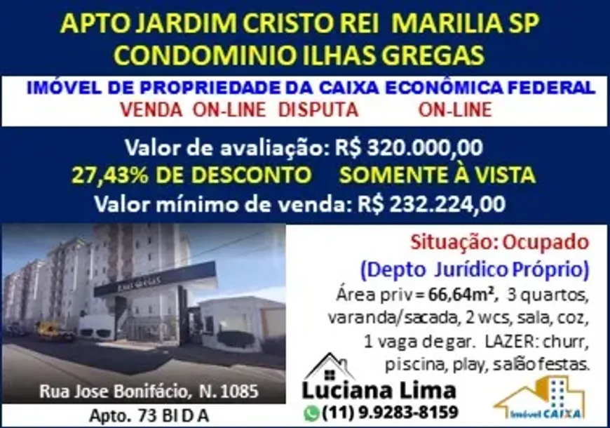 Foto 1 de Apartamento com 3 Quartos à venda, 66m² em Jardim Cristo Rei, Marília