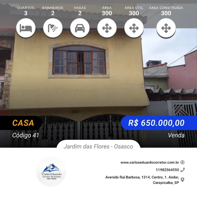 Foto 1 de Casa com 3 Quartos à venda, 311m² em Jardim das Flores, Osasco