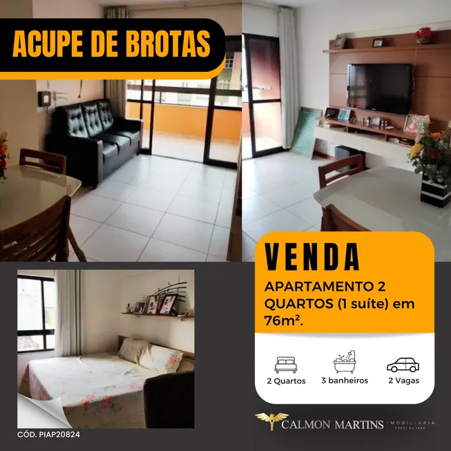 Foto 1 de Apartamento com 2 Quartos à venda, 76m² em Acupe de Brotas, Salvador