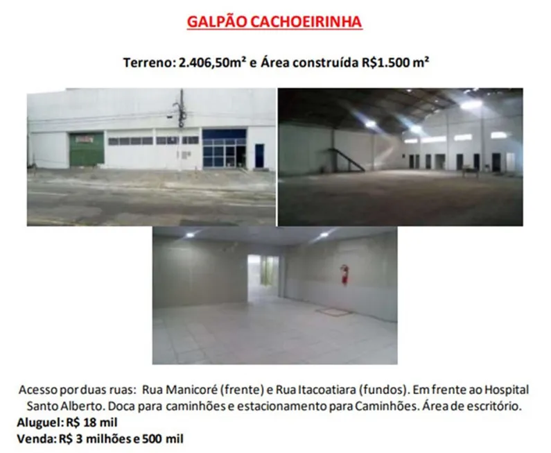 Foto 1 de Galpão/Depósito/Armazém para alugar, 1500m² em Cachoeirinha, Manaus