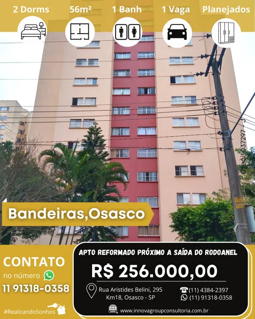 Foto 1 de Apartamento com 2 Quartos à venda, 56m² em Bandeiras, Osasco