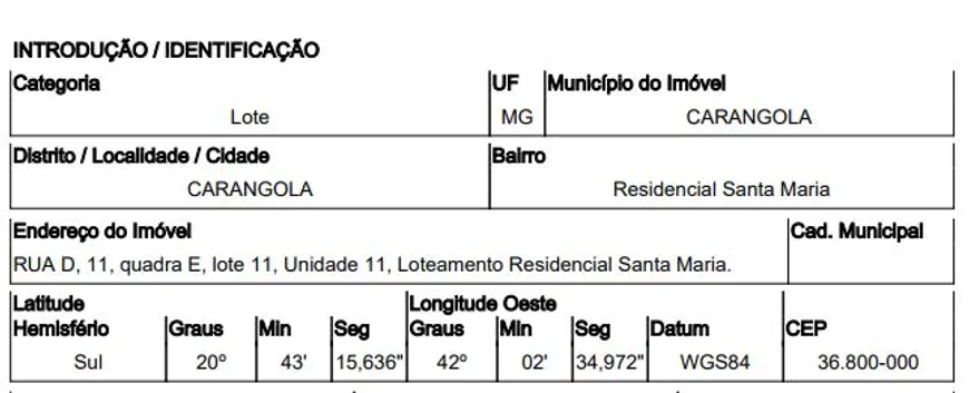 Foto 1 de Lote/Terreno à venda, 219m² em , Carangola