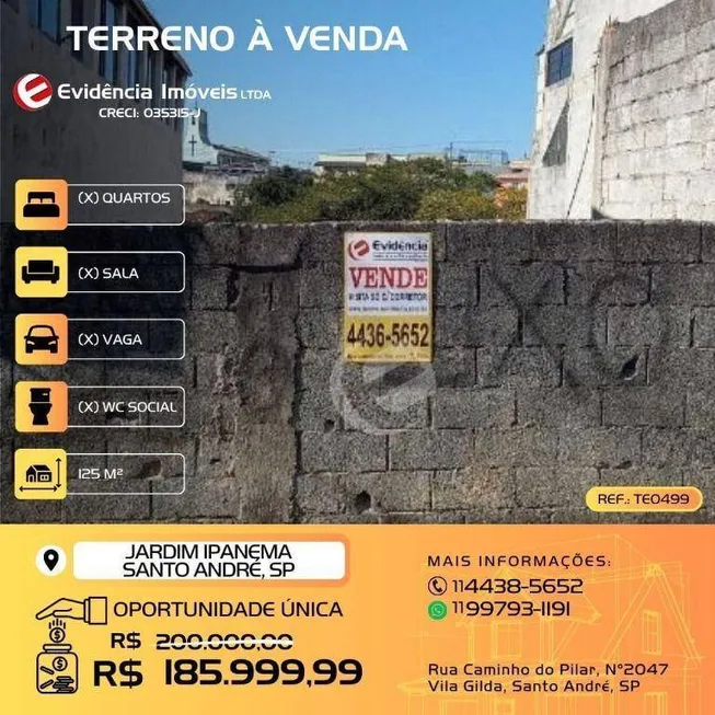 Foto 1 de Lote/Terreno à venda, 125m² em Jardim Ipanema, Santo André