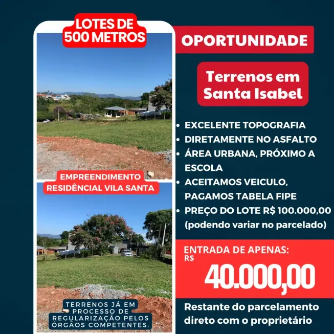 Foto 1 de Lote/Terreno à venda, 500m² em Jardim das Acacias, Santa Isabel