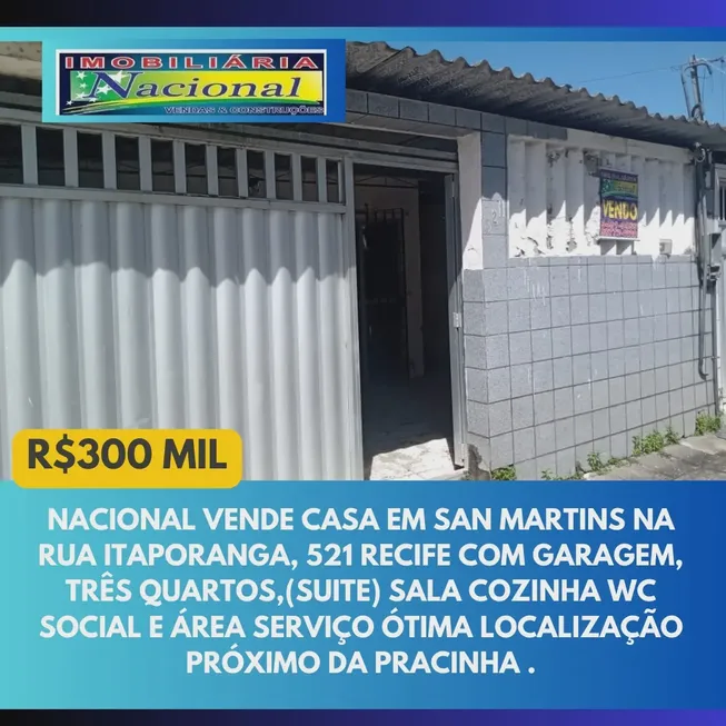 Foto 1 de Casa com 3 Quartos à venda, 100m² em San Martin, Recife