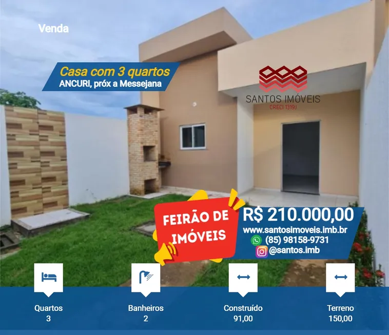 Foto 1 de Casa com 3 Quartos à venda, 91m² em Ancuri, Fortaleza