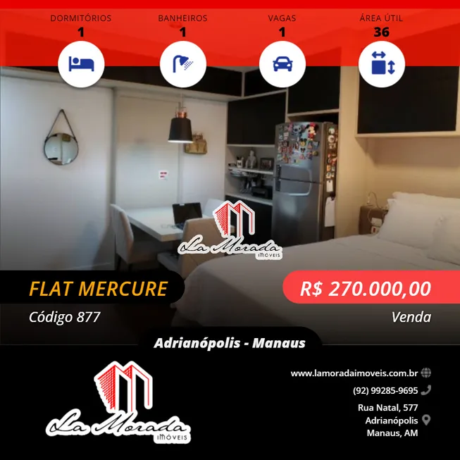 Foto 1 de Flat com 1 Quarto à venda, 36m² em Adrianópolis, Manaus