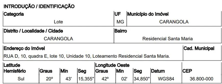 Foto 1 de Lote/Terreno à venda, 218m² em , Carangola