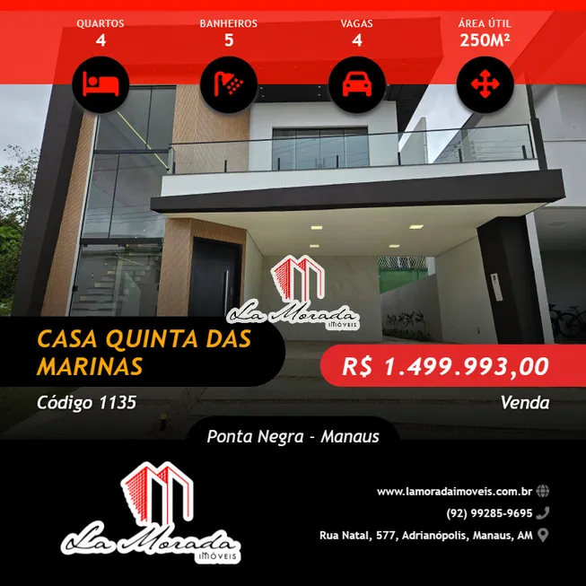 Foto 1 de Casa com 4 Quartos à venda, 250m² em Ponta Negra, Manaus