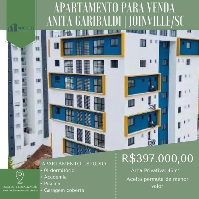 Foto 1 de Apartamento com 1 Quarto à venda, 46m² em Anita Garibaldi, Joinville