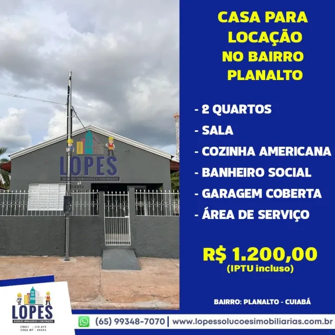 Foto 1 de Casa com 2 Quartos para alugar, 200m² em Planalto, Cuiabá