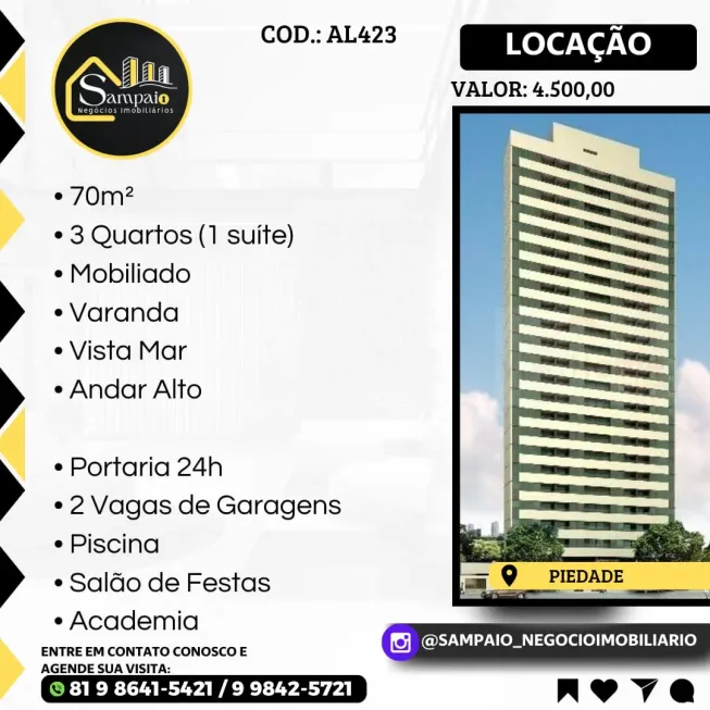 Foto 1 de Apartamento com 3 Quartos para alugar, 70m² em Piedade, Jaboatão dos Guararapes