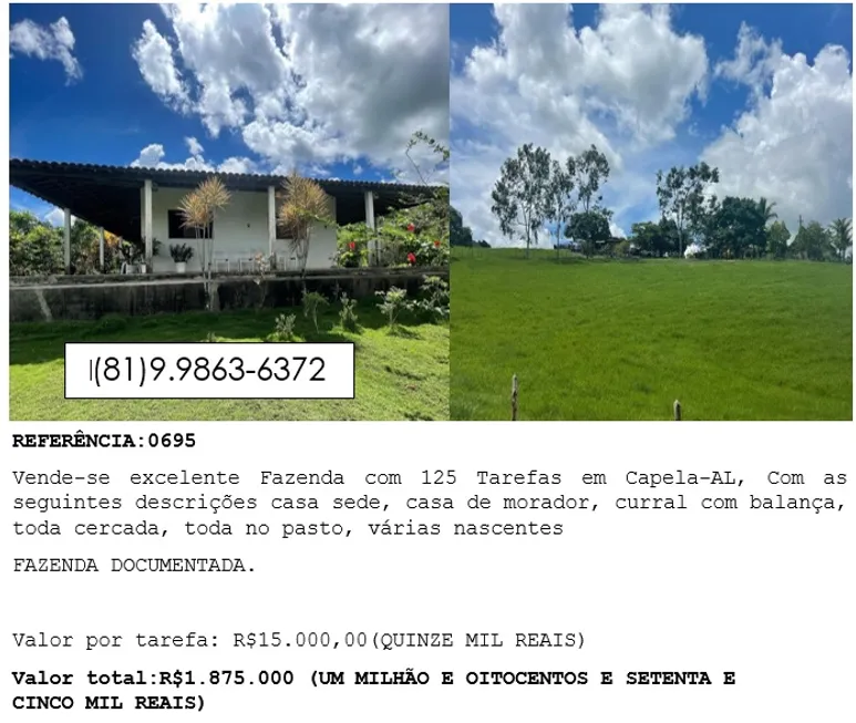 Foto 1 de Fazenda/Sítio à venda em Zona Rural, Capela