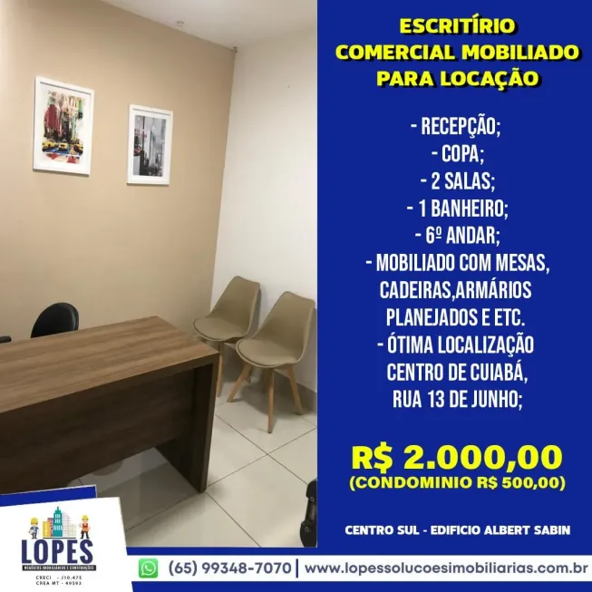 Foto 1 de Sala Comercial para alugar, 20m² em Centro Sul, Cuiabá