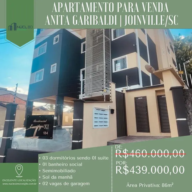 Foto 1 de Apartamento com 3 Quartos à venda, 86m² em Anita Garibaldi, Joinville