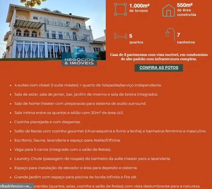 Foto 1 de Casa de Condomínio com 5 Quartos à venda, 550m² em Pinheiro, Valinhos