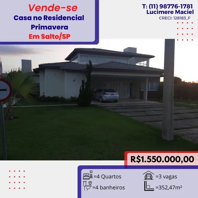 Foto 1 de Casa de Condomínio com 4 Quartos à venda, 352m² em Residencial Primavera, Salto