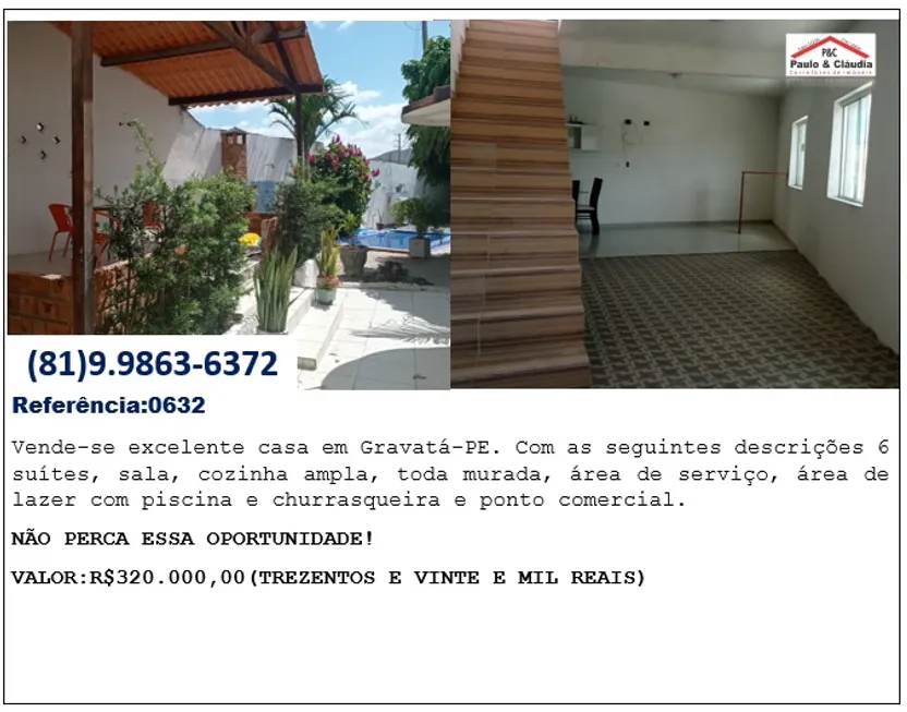 Foto 1 de Casa com 6 Quartos à venda, 300m² em Centro, Gravatá