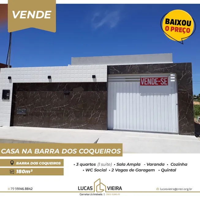 Foto 1 de Casa com 3 Quartos à venda, 180m² em Luar da Barra, Barra dos Coqueiros