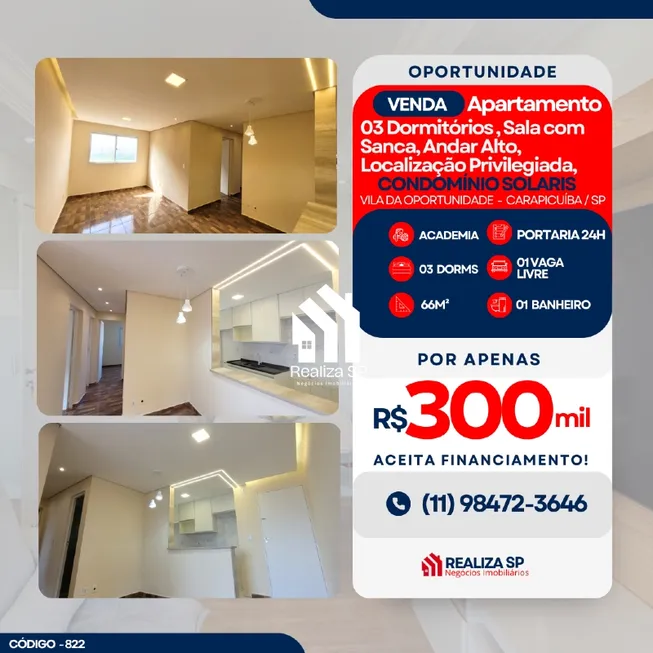 Foto 1 de Apartamento com 3 Quartos à venda, 66m² em Vila da Oportunidade, Carapicuíba