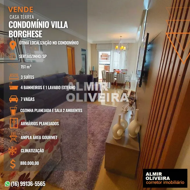 Foto 1 de Casa de Condomínio com 3 Quartos à venda, 151m² em Condomínio Villa Borghese, Sertãozinho