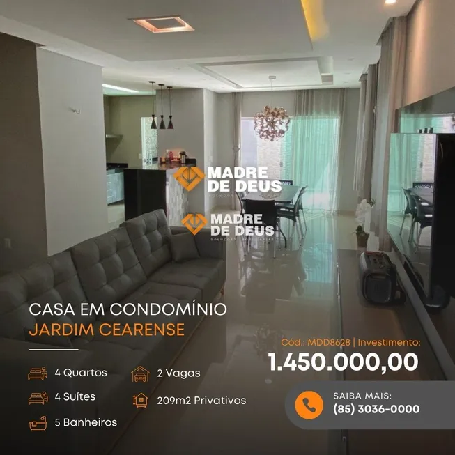Foto 1 de Casa de Condomínio com 4 Quartos à venda, 209m² em Jardim Cearense, Fortaleza