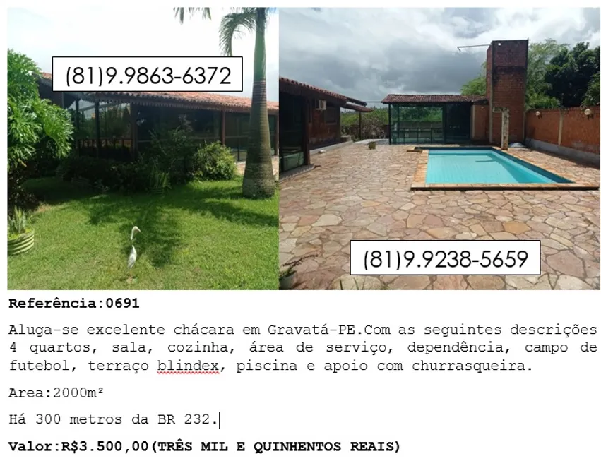 Foto 1 de Fazenda/Sítio com 4 Quartos para alugar, 2000m² em Jardim Santana, Gravatá