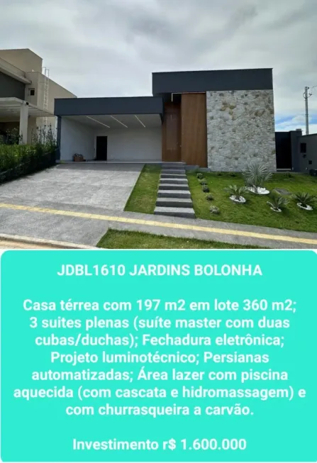 Foto 1 de Casa com 3 Quartos à venda, 197m² em Jardins Bolonha, Senador Canedo