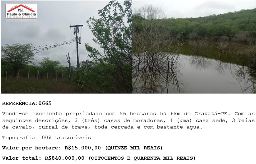 Foto 1 de Fazenda/Sítio à venda, 56m² em Zona Rural, Gravatá
