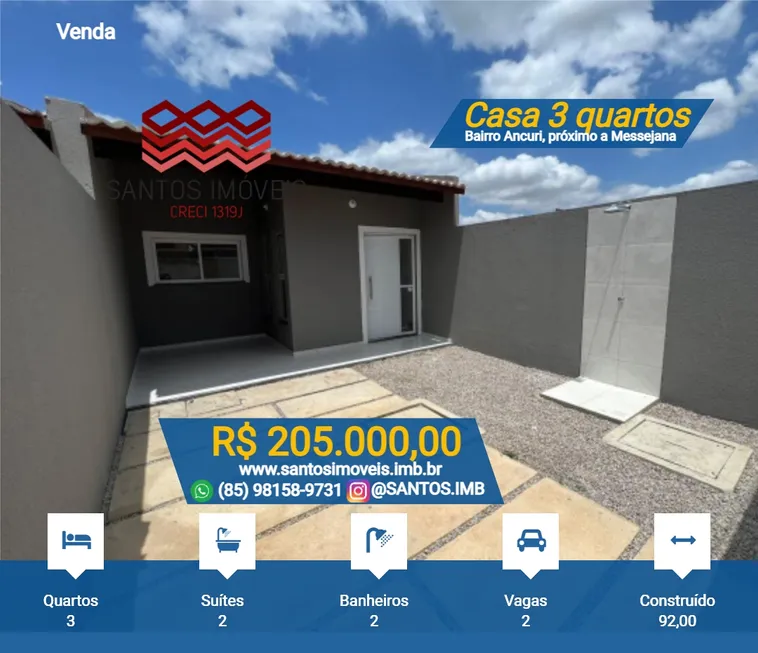 Foto 1 de Casa com 3 Quartos à venda, 92m² em Ancuri, Fortaleza