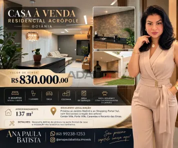 Casa com 3 Quartos à venda, 137m² no Residencial Acrópole II, Goiânia