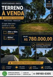 Lote/Terreno à venda, 800m² no Ponta Negra, Manaus