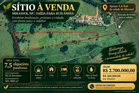 Fazenda/Sítio com 3 Quartos à venda, 181500m² no Área Rural de Mirassol, Mirassol