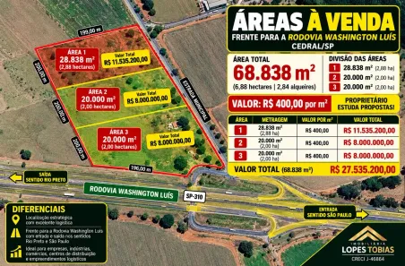 Lote/Terreno à venda, 68838m² no Distrito Industrial, Cedral