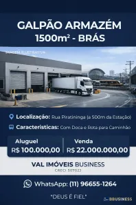Galpão/Depósito/Armazém para alugar, 1108m² no Brás, São Paulo