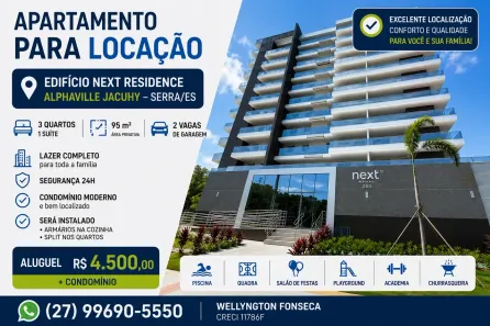 Apartamento com 3 Quartos para alugar, 95m² no Jacuhy, Serra