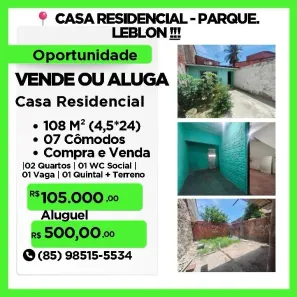 Casa com 2 Quartos para venda ou aluguel, 96m² no Parque Leblon, Caucaia
