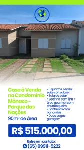 Casa de Condomínio com 3 Quartos à venda, 90m² no Parque Residencial das Nações Indígenas, Cuiabá