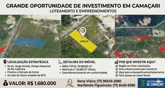 Lote/Terreno à venda, 10566m² no Parque Nascente do Rio Capivara, Camaçari