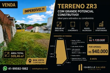 Lote/Terreno à venda, 509m² no Boa Vista, Curitiba